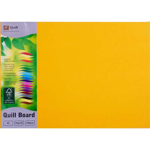 Quill Coloured Board 210gsm A3 - Sunshine, Pack of 25 (90405)