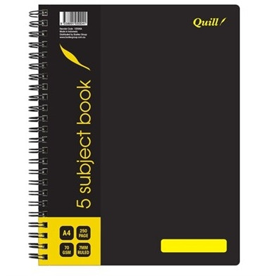 Quill Q Series 5 Subject Book 70gsm PP A4 250 Pages - Black (10596A)