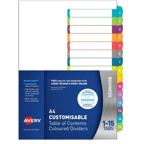 Avery Dividers 1-15 Tabs Customisable Table of Contents Landscape/Portrait Bright Multi-Coloured Laser Inkjet A4