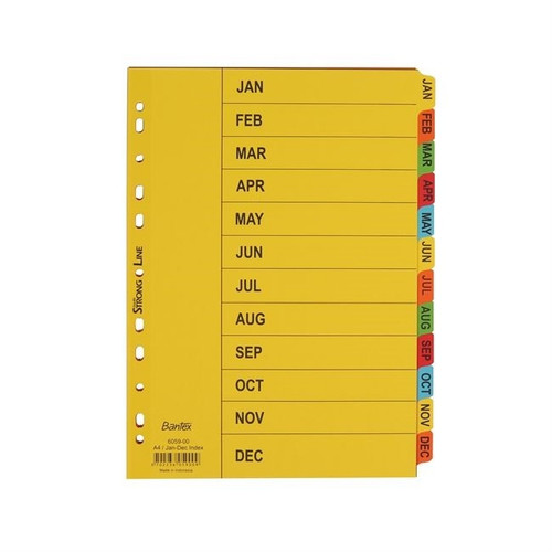 Bantex Indices Bright Manilla A4 Jan - Dec Tab Dividers Assorted Colours