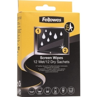 FELLOWES SCREEN CLEANING WIPES WET/DRY BLACK/YELLOW TWIN PACK 12