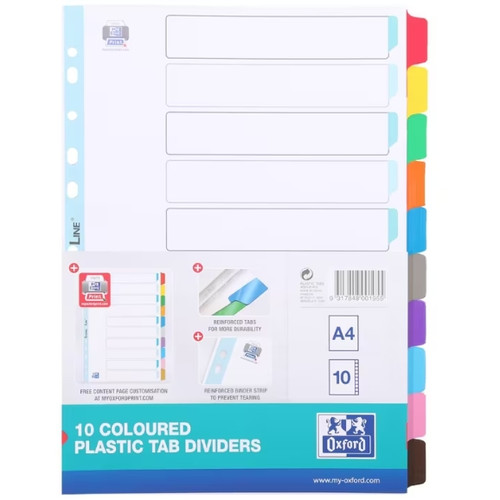 Oxford A4 10 Coloured Plastic Tab Dividers