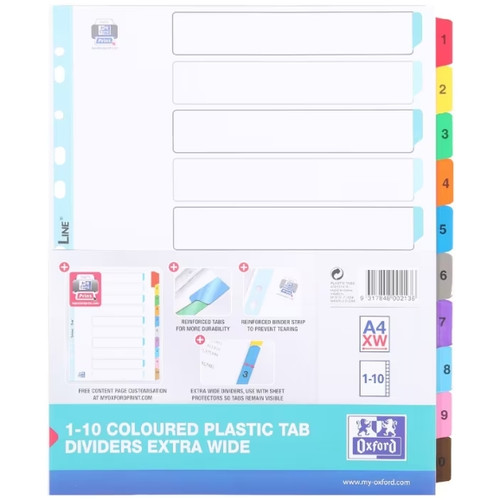 Oxford A4 1-10 Coloured Plastic Tab Dividers Extra Wide Reinforced