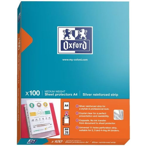 Oxford A4 Sheet Protectors Medium Weight PP 70 Micron Clear with Silver Strip 100 Pack