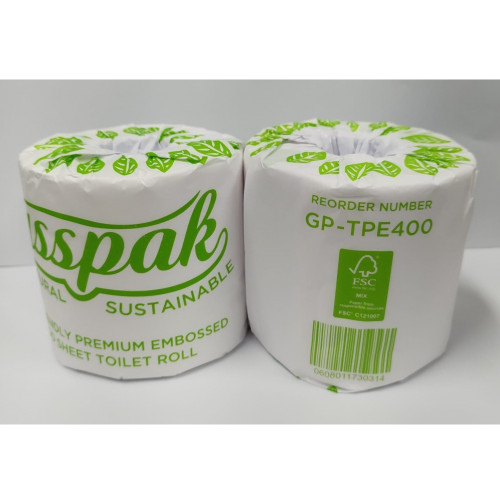 Gusspak Eco Friendly Premium Embossed 2 Ply 400 Sheet Individually Wrapped Toilet Paper Roll - 12 Rolls