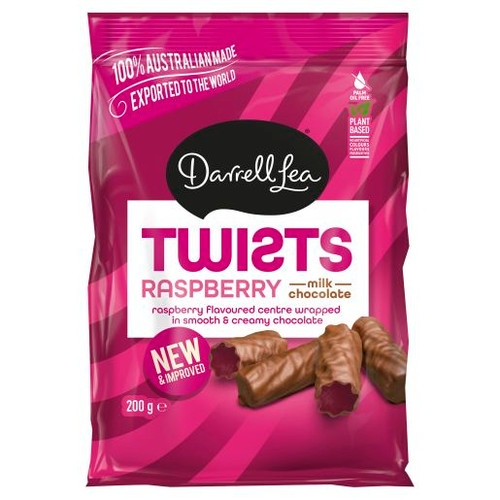 DARRELL LEA MILK CHOC RASPBERRY TWISTS 200GM