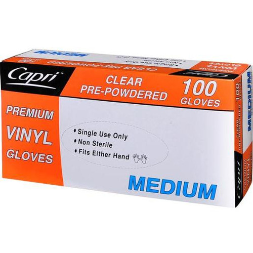 Capri Premium Vinyl Clear Medium Gloves Pre-Powered, Carton of 1000