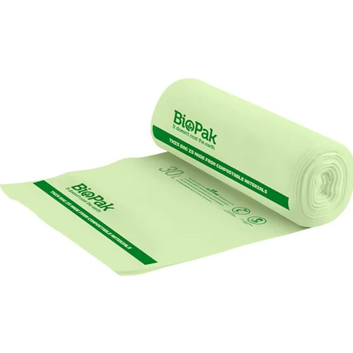 BioPak Compostable Bin Liners 30 Litres Green, Roll of 25 (PSBC0013)