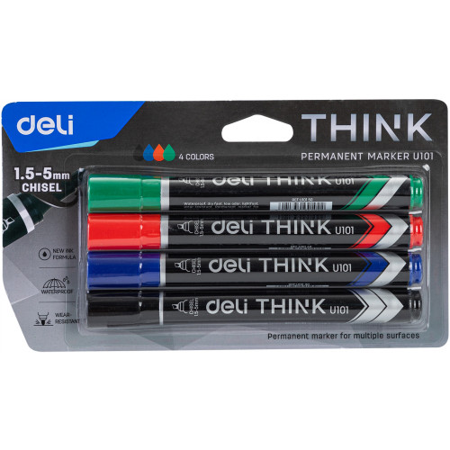 Deli Permanent Marker 1.5-5mm Assorted Pack of 4 Chisel
