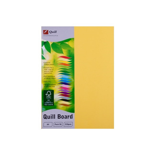 Quill Coloured Board 210gsm A4 - Lemon, Pack of 50 (90319)