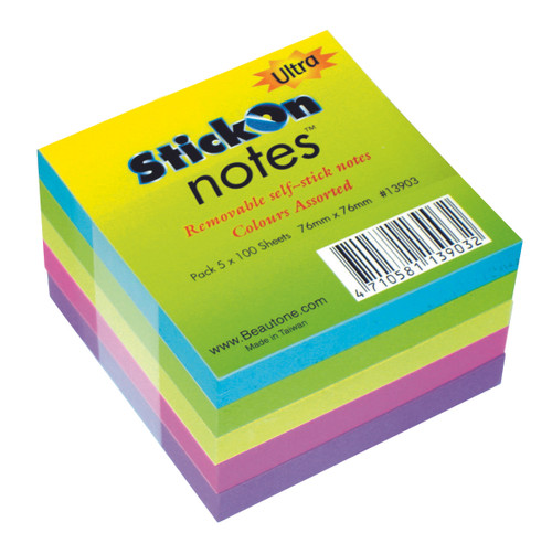 Stick On Notes 76mm x 76mm 100 Sheets - Ultra Assorted, Pack of 5 (13903)
