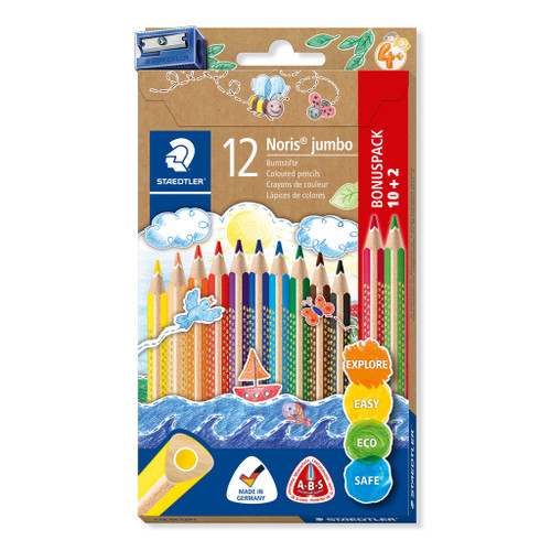 Staedtler 128 Noris Jumbo Triangular Coloured Pencils + Sharpener, Assorted Pack of 12