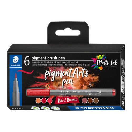 Staedtler 371 Pigment Arts Brush Pen, Reds & Browns, Pack of 6