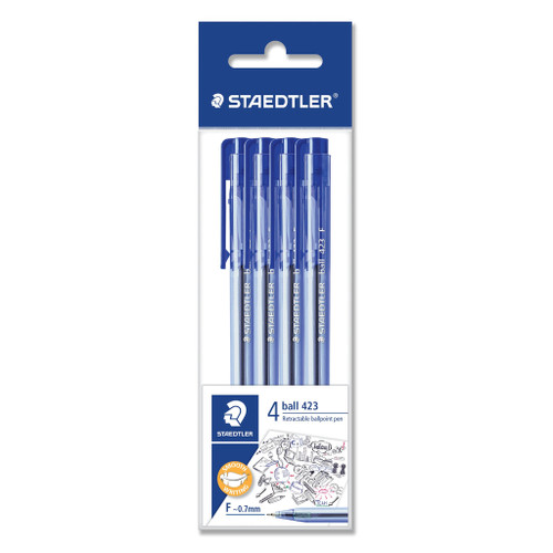 Staedtler Stick 423 Ice Retractable Triangular Ballpoint Pen Medium - Pack of 4, Blue