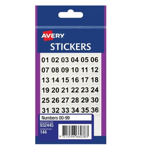 Avery Permanent Stickers 11 x 11mm, Numbers 00-99, Pack of 10 (144 Labels/Pack)