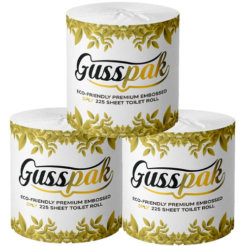 Gusspak 3 Ply 225 Sheet Individually Wrapped Toilet Paper Roll Eco Friendly FSC Certified Premium Embossed Box of 48