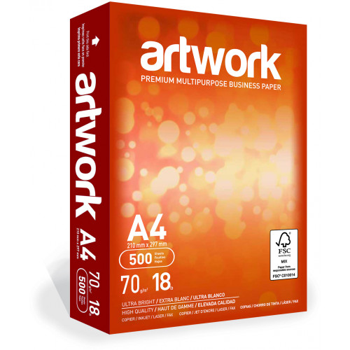 Artwork A4 Copy Paper 500 Sheet Ream 160 CIE 70gsm FSC Certified 5 Reams (1 Carton)
