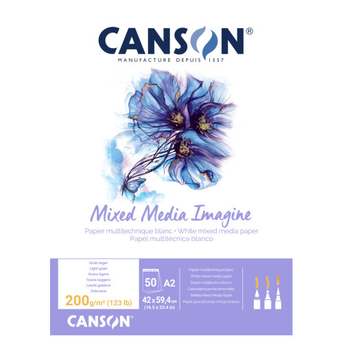 Canson Imagine 200gsm Pad Mixed Media Light Grain Paper A2 50 Sheets, Each