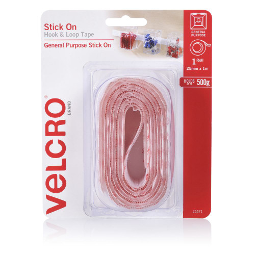 Velcro Stick On Hook & Loop Tape 25mm x 1m White, Each
