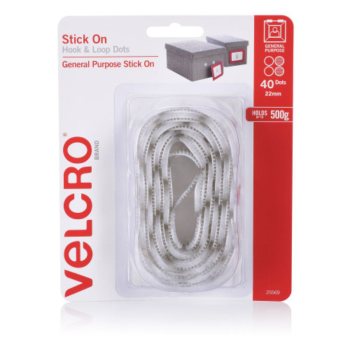 VELCRO BRAND HOOK & LOOP Dots Stick On 22mm 40 Dots White