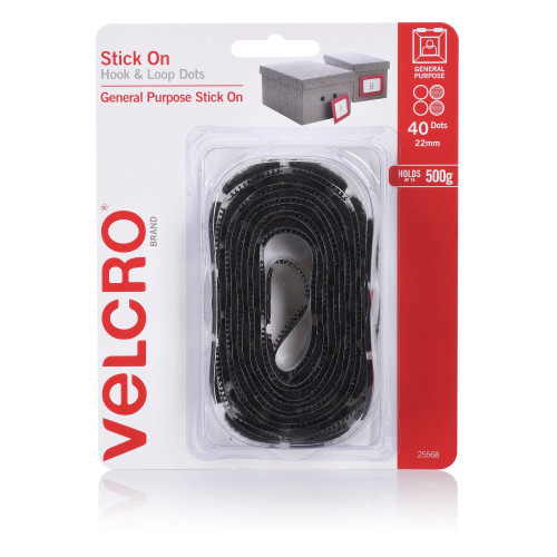 Velcro Stick On Hook & Loop Dots 22mm Black, Pack of 40 Dots