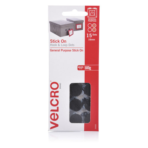 Velcro Stick On Hook & Loop Dots 16mm Black H/Sell, Pack of 15 Dots