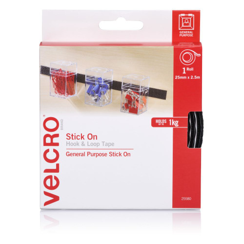 Velcro Stick On Hook & Loop Tape 25mm x 2.5m Black, Each