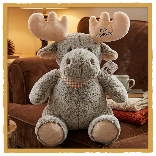 Large Plush Moose with New Hampshire stitched on foot. 18" tall, sitting