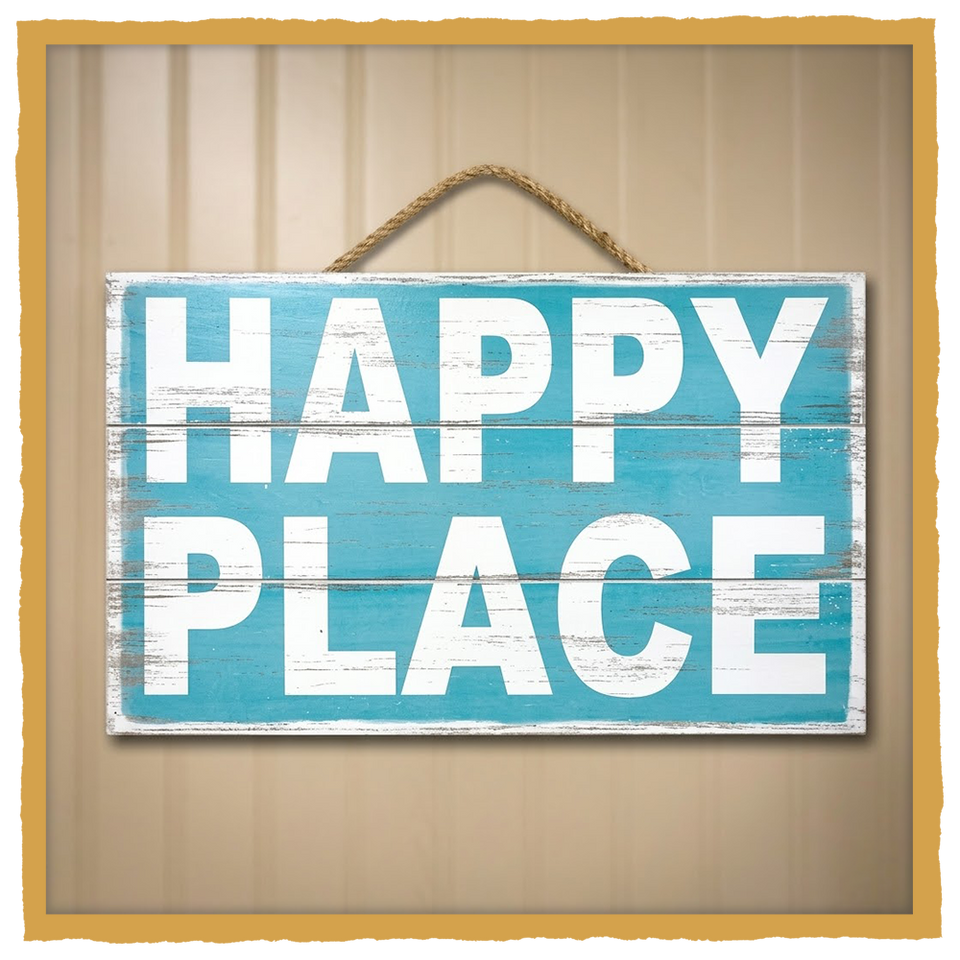 “Happy Place” Wood Sign – Coastal Style Wall Decor (Made in USA)