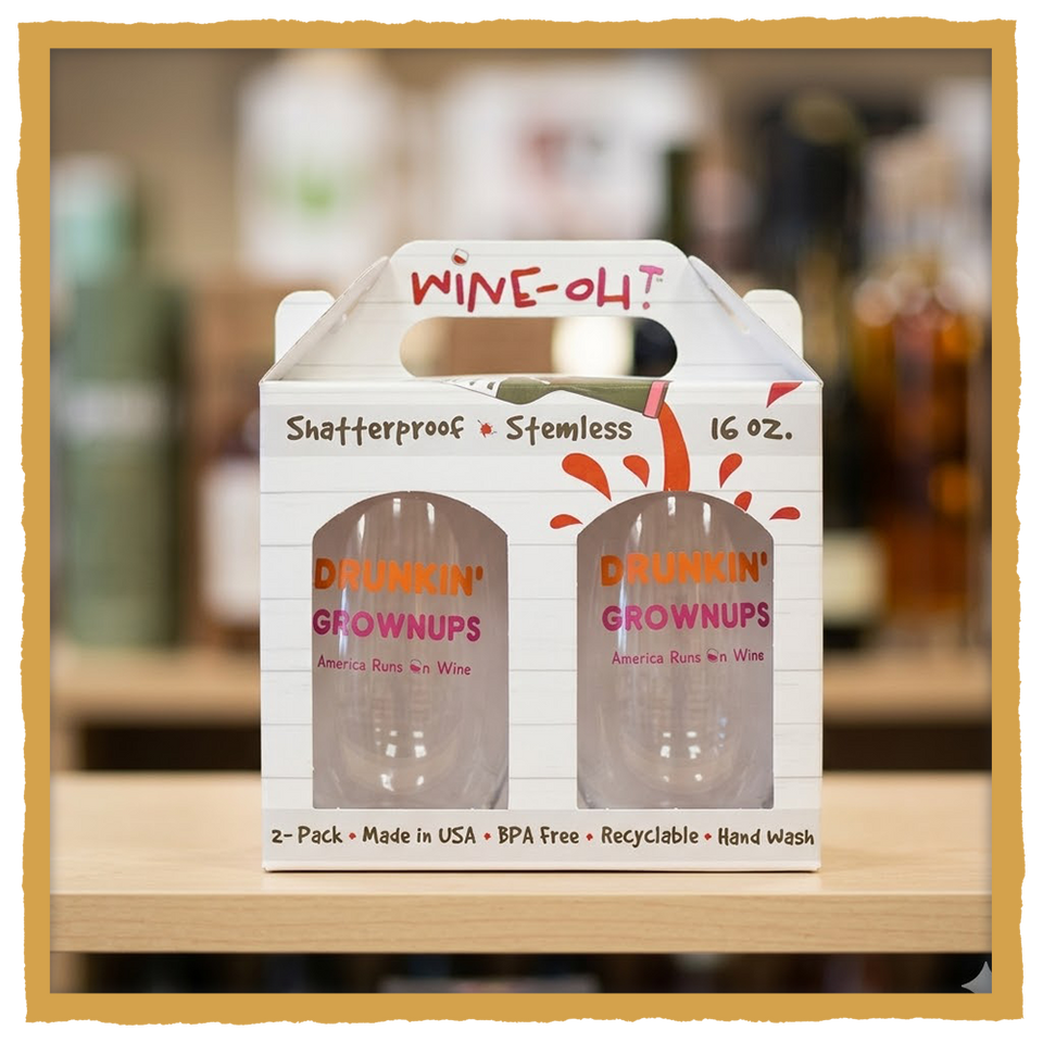 “Drunkin’ Grownups” Stemless Wine Glass Set – Funny Wine Gift (2-Pack)