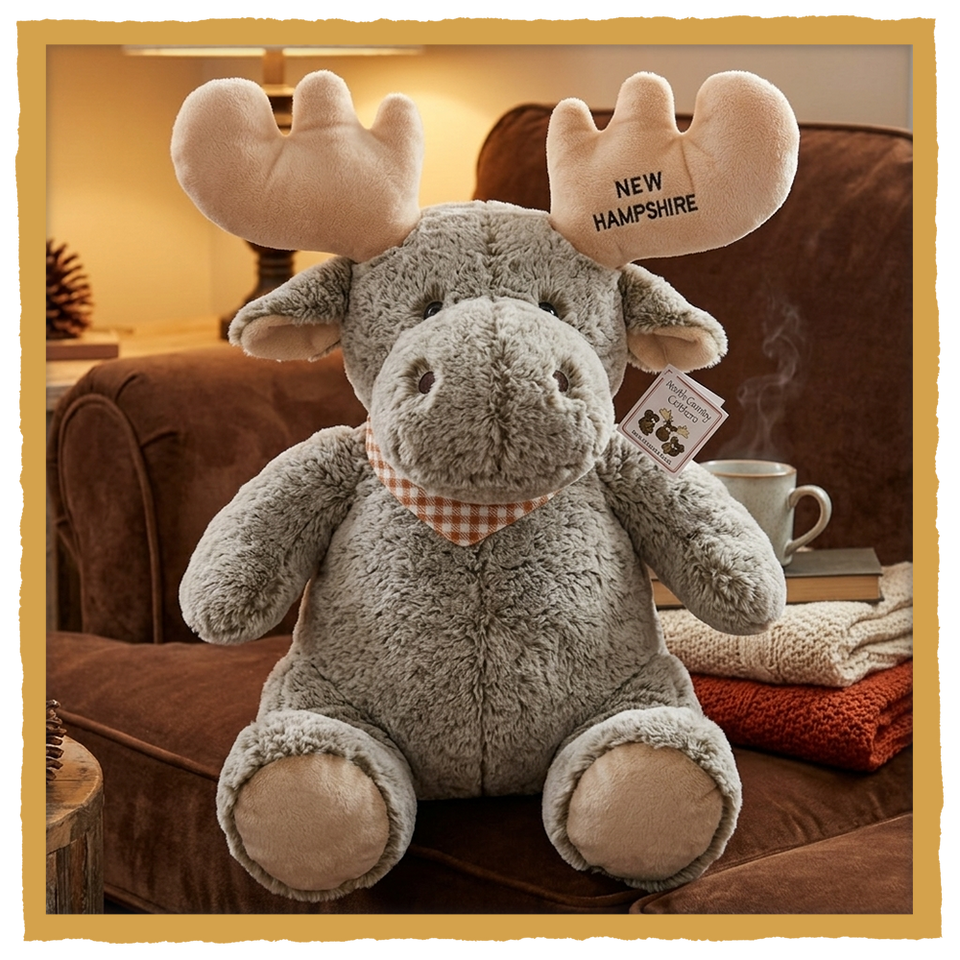 Large Plush Moose with New Hampshire stitched on foot. 18" tall, sitting