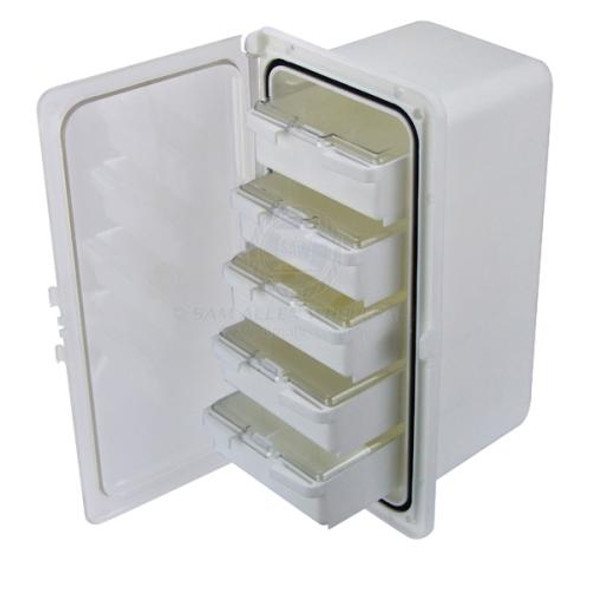 Storage Box Recess Mount With Clear Hinged Door & 5 Drawers White Poly