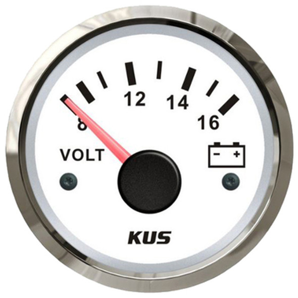 8/16V White Stainless Steel Voltmeter 52mm