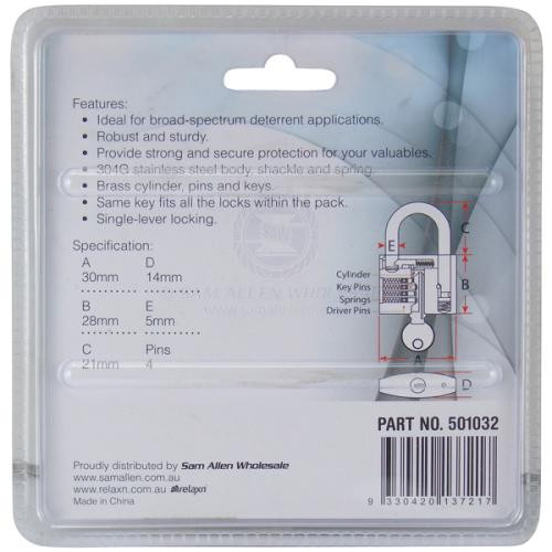 Relaxn Padlocks 99% S/Steel 30mm Standard Hasp 2 Keyed Alike