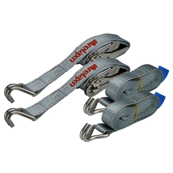 Relaxn Tie Down - Ratchet Strap Stainless Steel 25mm Double 'J' Hook Grey 1.2m+2.8m - 10 Pai
