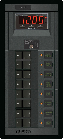 Blue Sea Circuit Breaker DC Branch 360 Panel with Digital Multi-Meter - 100A per bus, 8 Position