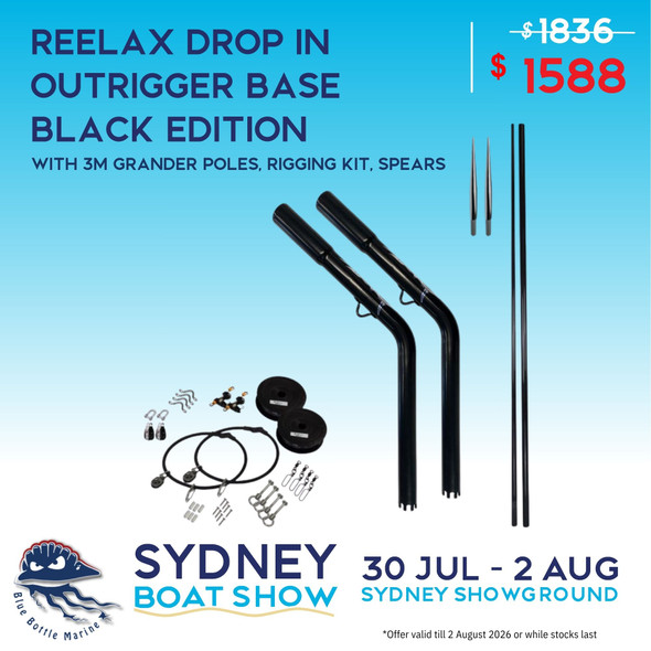 Reelax Drop In Outrigger Base Black & 3m Grander Poles, Rigging Kit + Spears