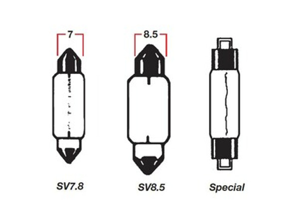 Bulbs - Festoon - 12V 3W Overall Length: 31mm Base: Sv7.8 Colour: Clear