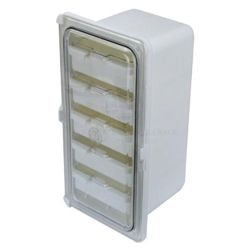 Storage Box Recess Mount With Clear Hinged Door & 5 Drawers White Poly