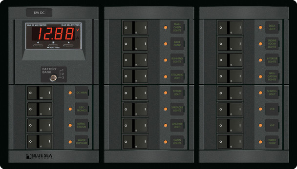 Blue Sea Circuit Breaker DC Branch 360 Panel with Digital Meter - 100A per bus, Main + 19 Position