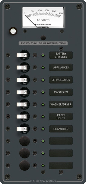 Blue Sea Circuit Breaker Panel AC Branch Traditional Metal 230V with Voltmeter