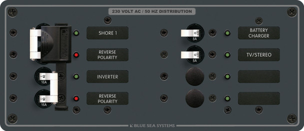 Blue Sea Circuit Breaker Panel AC 230V Traditional Metal Source Selection - 2 Sources + 4 Positions