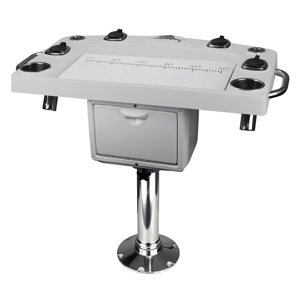 Reelax Light Tackle Station Mist Grey Deluxe Prep Board /Tackle with Drawer Stainless Steel Pedestal/White Swivel