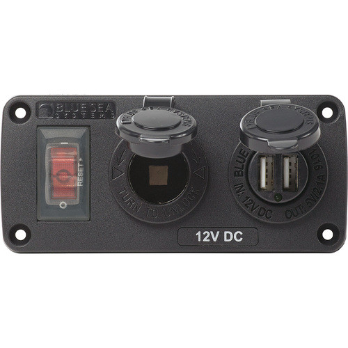 Blue Sea Water-Resistant Accessory Panel 15A 12VDC Socket & Dual USB