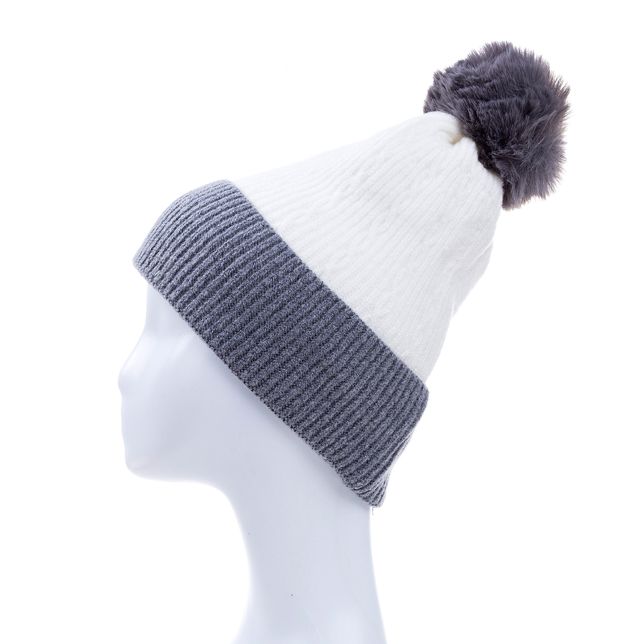 White Faux Fur Pom Winter Beanie Hat 
