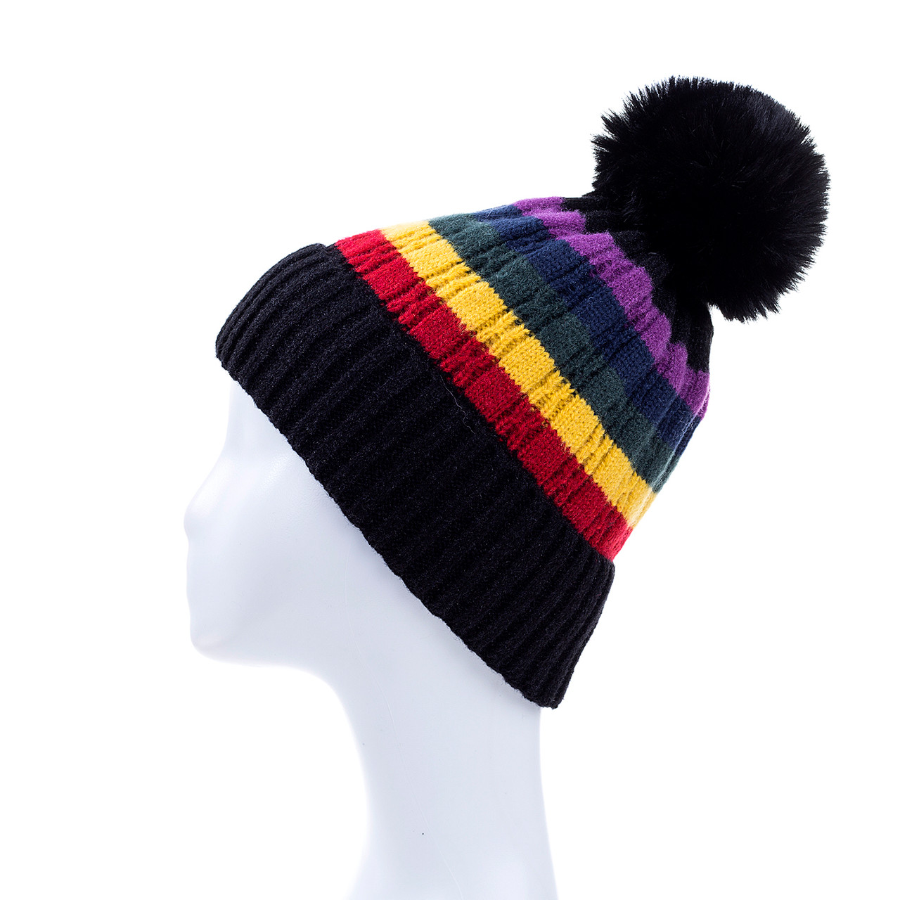 Black Faux Fur Pom Winter Beanie Hat 
