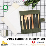 7Pcs Bamboo Cutlery Set - Roll Up Beige