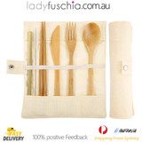 7Pcs Bamboo Cutlery Set - Roll Up Beige