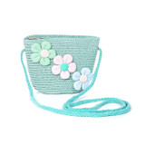 Teal Flowers Kids Straw Bag with Strap