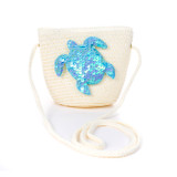 Cream Blue Sea Turtle Kids Straw Bag with Strap
